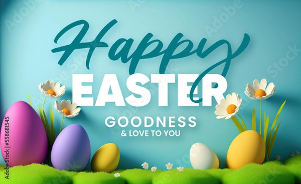 Fototapeta Happy Easter background with message, blue backround easter eggs and flowers scene
