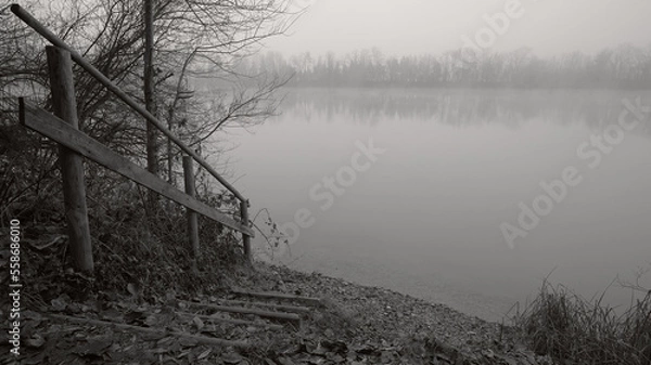Fototapeta Small staircase with wooden railing by the lake in winter