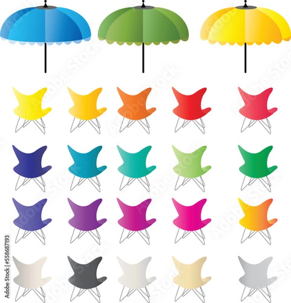 Fototapeta Patterned umbrellas and colorful chairs