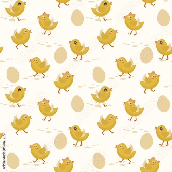 Fototapeta Seamless pattern with cute yellow chickens. Easter stock pattern.