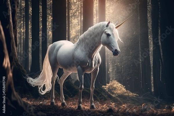Obraz Weißes Einhorn mit einem goldenen Horn in einem mystischen Wald (Generative AI)