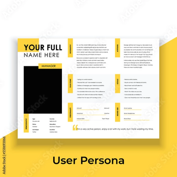 Fototapeta User Persona Document Template Vector Illustration. Examples of User Personas template. Persona Document. Persona Template for UI UX designer. User Persona vector horizontal template with blue color.