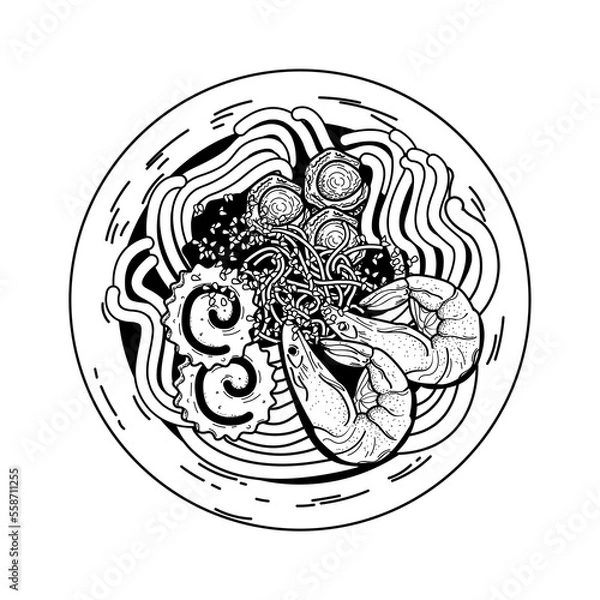 Obraz Stir fried noodles with shrimps and vegetables. Hand drawn sketch. Top view vector illustration.