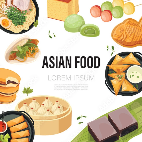 Obraz Asian food framing. Doodle traditional meal with spices and sauces, bowl noodles and soup, sushi on plate, soy sauce.