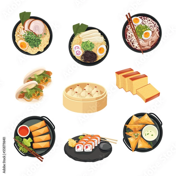 Obraz Korean food set menu isolated on white background illustration vector. (Japchae, Ramyeon, Naengmyeon, Bulgogi BBQ, Bossam and Gamjatang)