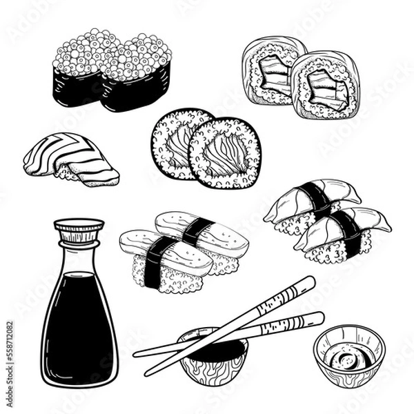Obraz Vector illustration of sketch hand drawn set of sushi menu. Japanese, Chinese, Korean, asian food.
