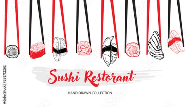 Obraz Vector card design with ink hand drawn sushi illustration. Vintage template with traditional asian food sketch.