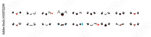 Fototapeta Various Cartoon Emoticons Set. Doodle faces, eyes and mouth. Caricature comic expressive emotions, smiling, crying and surprised character face expressions