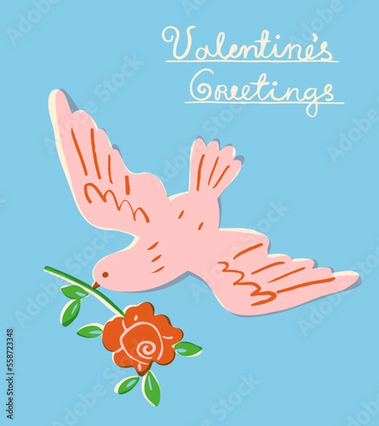 Obraz Flying dove holding a rose. Vector illustration of a pigeon delivering a romantic gift for Valentine's Day. Poster, banner or postcard template in trendy retro style.