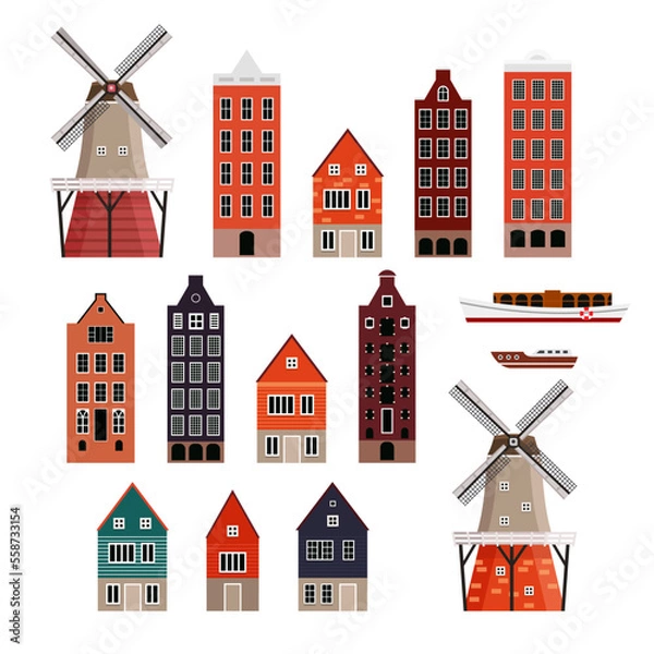 Obraz Old colorful buildings, vector flat isolated illustration. European traditional house facades. City architecture design elements. Mills. Boats.