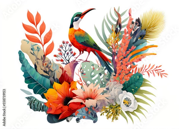 Fototapeta Arrangement of Tropical flowers and plants, with colorful birds, and coral, on an isolated White Background
Generative AI