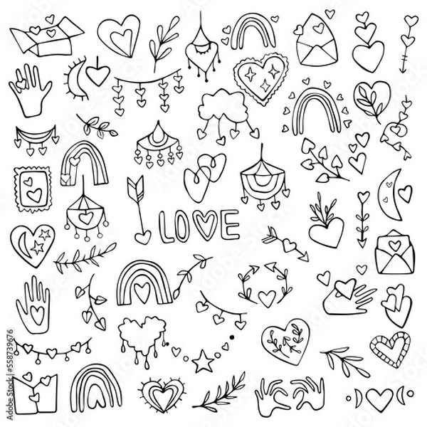 Fototapeta Valentine's Day doodle vector set hand drawing love heart greeting celebration