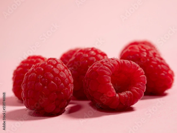 Fototapeta Raspberries on a pink background. Fresh raspberries.