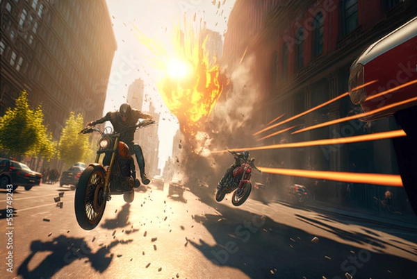 Fototapeta A thrilling high speed motorcycle chase. Made with Generative AI. 