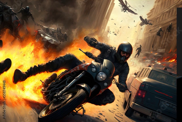 Fototapeta A thrilling high speed motorcycle chase. Made with Generative AI. 