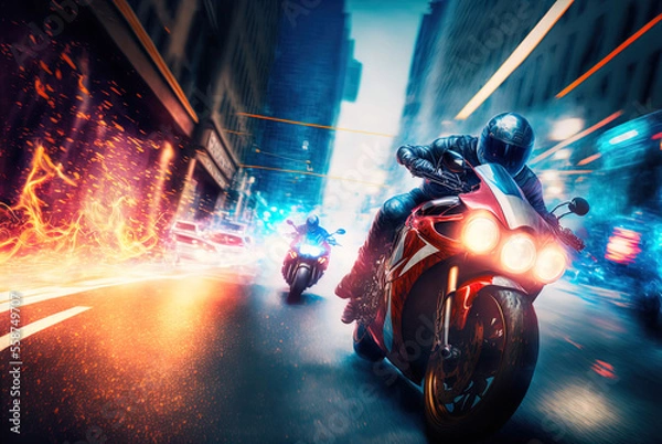 Fototapeta A thrilling high speed motorcycle chase. Made with Generative AI. 