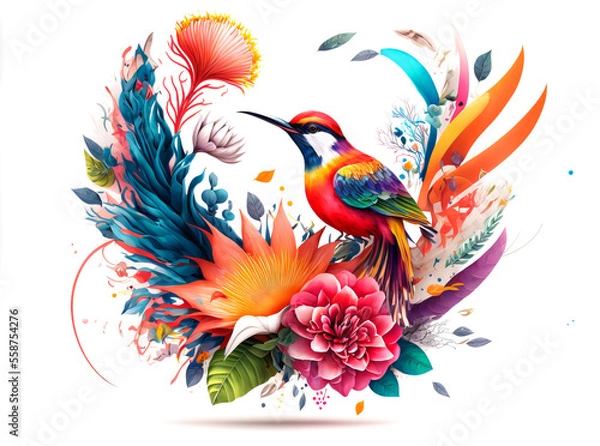 Fototapeta Arrangement of Tropical flowers and plants, with colorful birds, and coral, on an isolated White Background
Generative AI