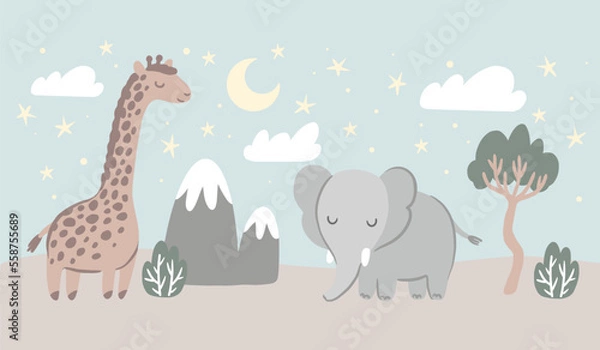 Fototapeta Night in African safari, sleeping animals, vector hand drawn illustration for kid room wall mural
