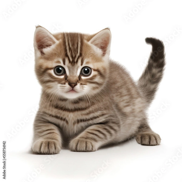 Fototapeta playful funny kitten sit and looking. Close-up of a tabby cat isolated on a white background. Digital Art Painting
