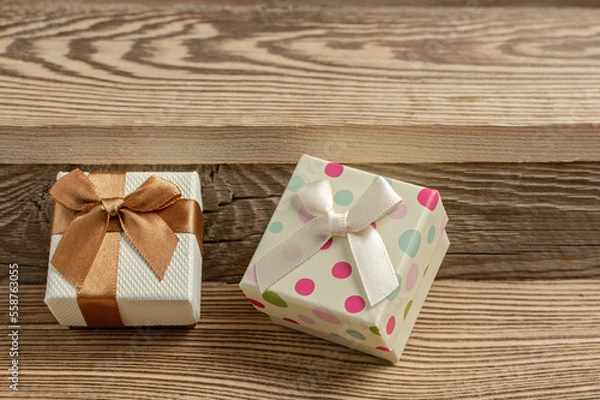 Obraz Present box. gift box on wooden table. Top view.