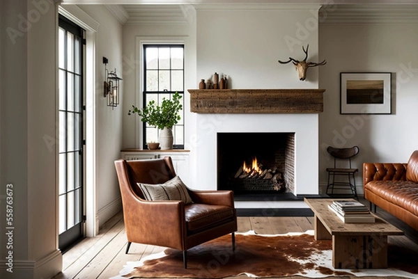 Fototapeta Simple living room in a modern farmhouse with little decoration Brown leather sofa and armchairs with a gas fireplace with a raw edged wooden mantel. Generative AI