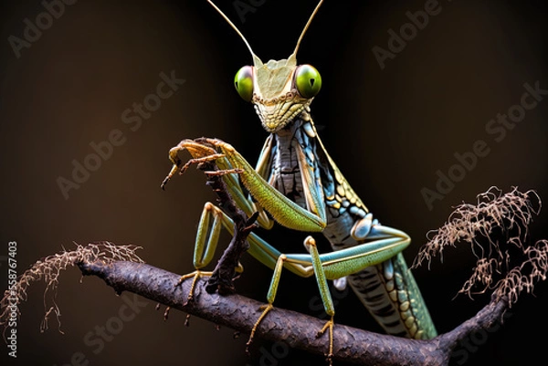 Fototapeta Idolomantis diabolica holding a weapon in self defense while posing on a branch against a dark background. Generative AI