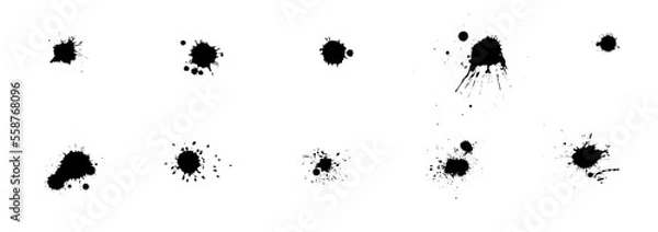 Fototapeta Ink drops and splashes. Blotter spots, liquid paint drip drop splash and ink splatter. Artistic dirty grunge abstract spot vector set. Illustration monochrome drip splash, splat messy inkblot
