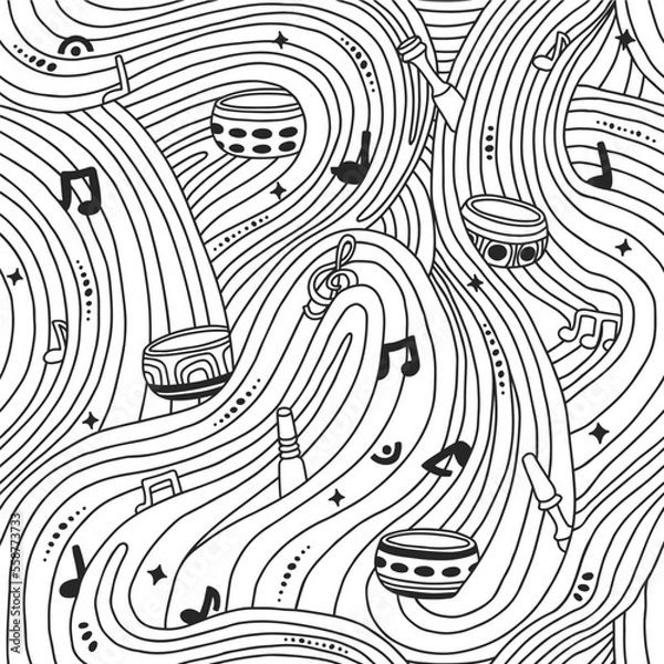 Obraz Singing bowl doodle pattern. Tibetan bowls, sound, wooden sticks, meditation elements textile. Music visualization background. Healing therapy pattern. Sound healing for balance and a clear mind.