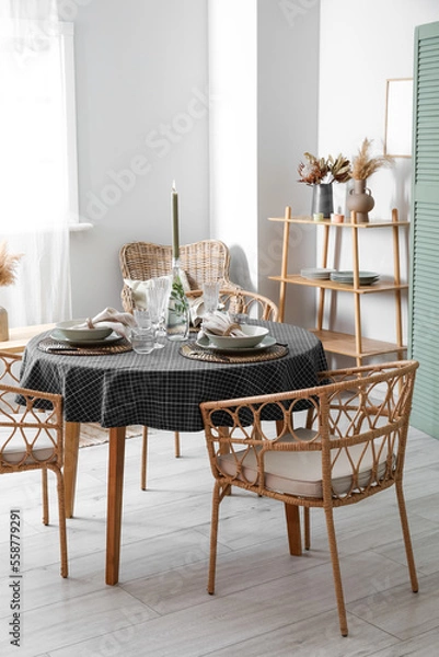 Obraz Beautiful table setting with burning candle in stylish room