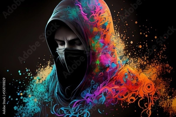 Obraz graffiti sprayer artist with mask in a colourful scene, generative ai