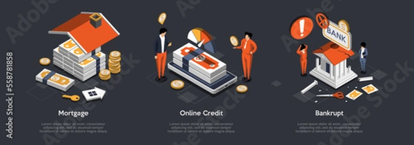 Fototapeta Financial Crisis, Default, Unemployment, Online Credits, Mortgage Loan, Debts, Bankruptcy. Bank Financial System Collapse And Business, Devaluation, Unpaid Loan. Isometric 3D Vector illustrations Set