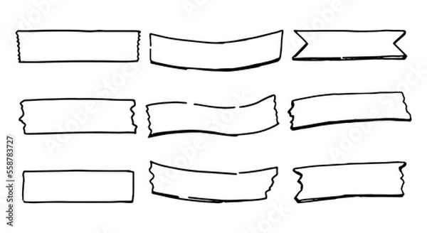 Fototapeta Sticky tape for notes, frames for text in doodle style. Clipart set for daily planning, diary, memo. Hand drawn vector design elements. Contour drawings collection isolated on white.