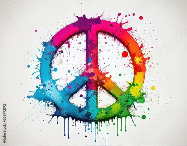 Obraz very colourful peace symbol on white background with plenty of paint splashes, generative ai