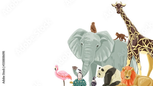 Obraz 動物園の動物大集合フレーム手描き水彩風イラスト