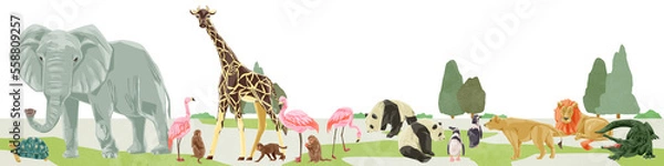 Obraz 動物園の動物大集合手描き水彩風イラスト