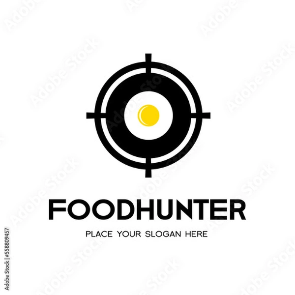 Fototapeta Hunter food vector logo template. This logo with hunt symbol and spoon, fork.