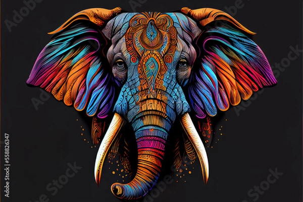 Obraz elephant head Fokus in camera ethnic painting with feathers