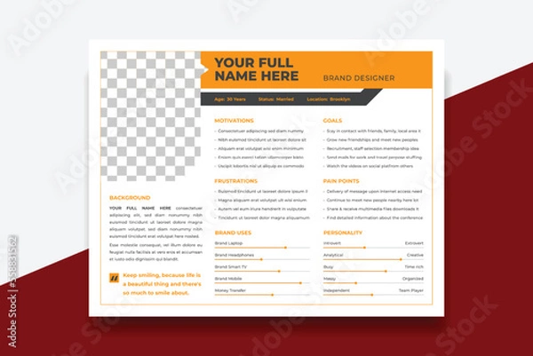 Fototapeta User Persona Document Template Vector Illustration. Examples of User Personas template. Persona Document. Persona Template for UI UX designer. User Persona vector horizontal template with blue color.