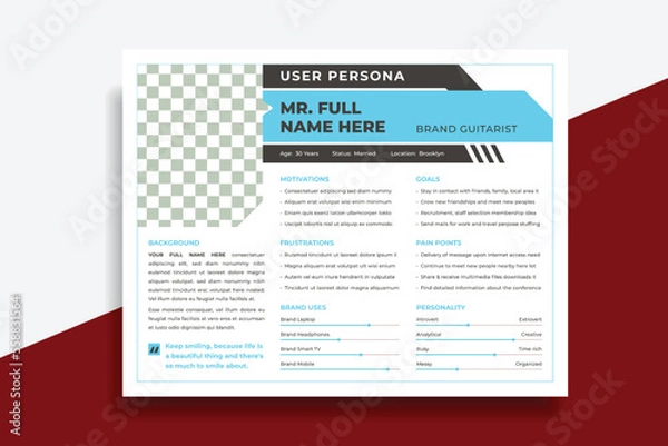 Fototapeta User Persona Document Template Vector Illustration. Examples of User Personas template. Persona Document. Persona Template for UI UX designer. User Persona vector horizontal template with blue color.