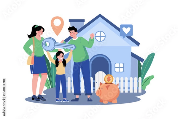 Fototapeta Happy family standing in front of a new house