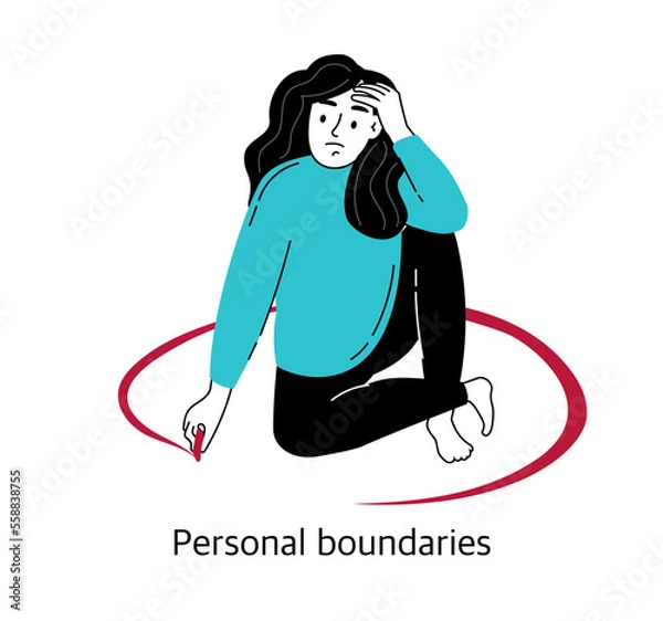 Obraz Personal boundaries. The concept of mental health and psychology. Vector illustration of a girl isolated on a white background.