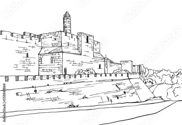 Obraz Old walls of Jerusalem, black and white vector illustration in hand drawn style. Ancient walls. Jerusalem, Israel. Urban landscape sketch. Line art. Ink drawing on white.