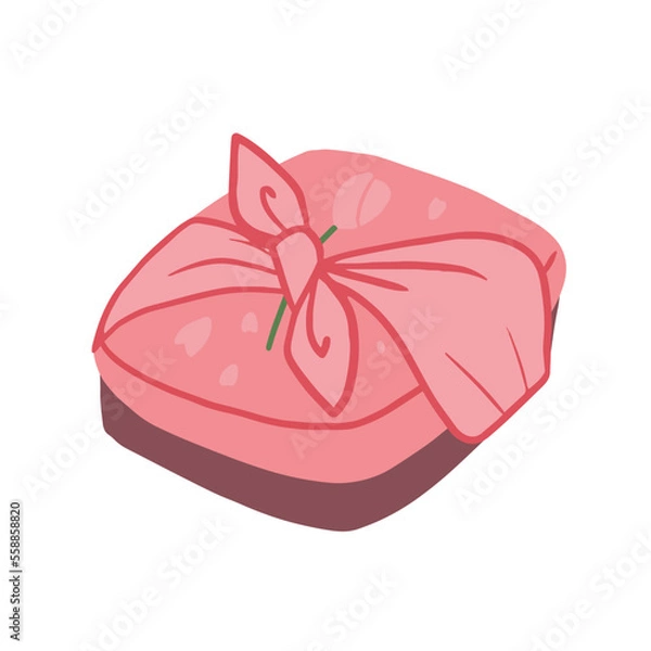 Fototapeta Hand drawn isolated pink sakura bento box with furoshiki cloth wrap with knot