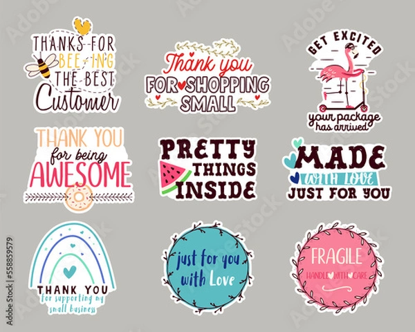 Fototapeta Creative design of sticker with phrases Made with love, thanks for supporting small business and others for supporting small business labels. Stock illustrations
