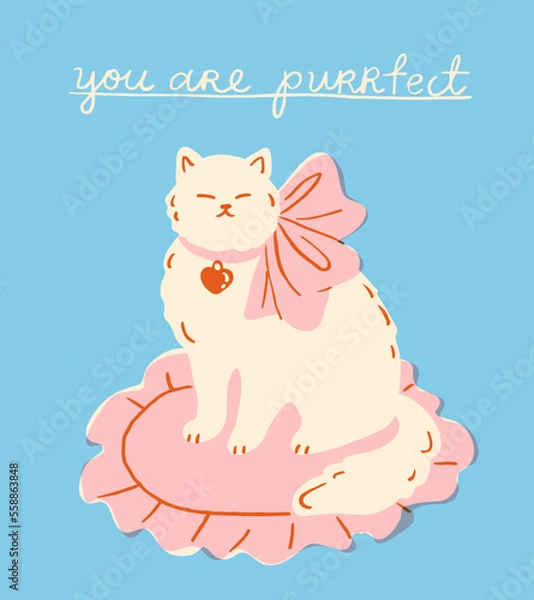 Fototapeta Cute cat with a pink ribbon and a heart shaped pendant sitting on a pillow with a "You are purrfect" message. Valentine's day poster, banner or post card template. Trendy retro style.