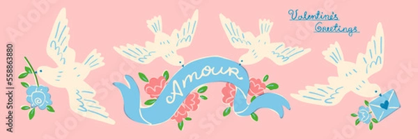 Obraz Set of white doves for the Valentine's Day or wedding. Vector illustration of flying birds holding flowers and letters. Romantic messenger concept. Design elements for invitation, banner or postcard.