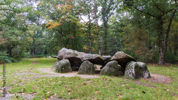Fototapeta Pair of dolmen D25 in autumn setting in small village Bronneger at Hondsrug in Drenthe The Netherlands
