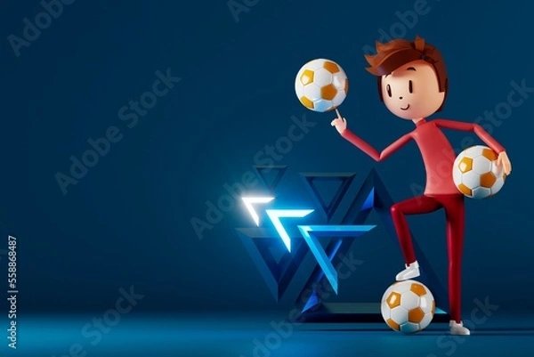 Fototapeta person cartoon character boy and girl with sports objects. 3d illustration. fitness activity action. man in a sports game. healthy concept. 3d ball. exercise action.smartphone smartwatch design.