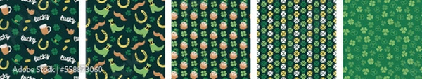 Fototapeta cute lucky Saint St Patrick day seamless pattern set bundle collection, in green shamrocks clovers four leaf clovers. Irish gentleman patterns, hat, horseshoe 