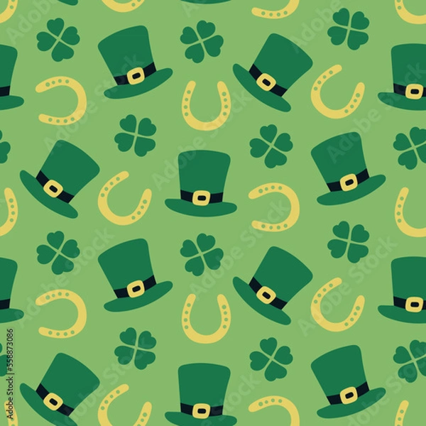 Fototapeta cute lucky Saint St Patrick day seamless pattern in green shamrocks clovers four leaf clovers. Green hats, horseshoes.